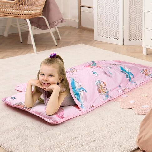 Toddler Nap Mat with Pillow and Blanket, 100% Cotton with Microfiber Fill, Portable Kids Sleeping Mats for Daycare, Preschool, 21" x 53", Lightweight and Soft Sleeping Bags in Saudi Arabia