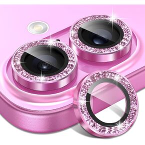 Matekxy Glitter Camera Lens Protector for iPhone-16 Plus - for iPhone 16 9H Anti-Scratch Tempered Glass with Aluminum Edging, Cute Girly Metal Individual Bling Ring Cover for Women, Pink
