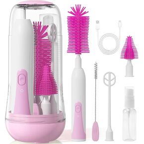 Electric Bottle Brush Cleaner, Baby Bottle Cleaning Kit with Nipple Straw Brushes Drying Rack ​​Soap Dispenser Rechargable Waterproof Multi-Purpose E-Brush Set for Travel & Home, Blue