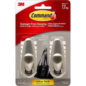 Command Forever Classic Large Metal Wall Hooks, Damage Free Hanging Wall Hooks with Adhesive Strips, No Tools Wall Hooks for Hanging Decorations in Living Spaces, 2 Metal Hooks and 4