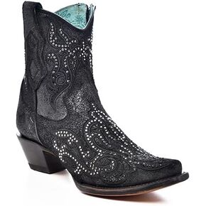 CORRAL LADIE'S OLADIE'S SILVER-BLACK EMBROIDERY & CRYSTALS & ZIPPER ANKLE BOOT, LEATHER SOLE, COWHIDE LEATHER, URBAN BOOTS, C4106