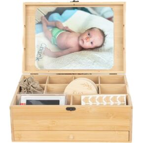 Bamboo Baby Keepsake Box Set - Wooden Baby Memory Box with Drawer, Removable Dividers, Lock & Hinges - Eco-Friendly Keepsake Storage Box for Babies & Pets - Includes Accessories