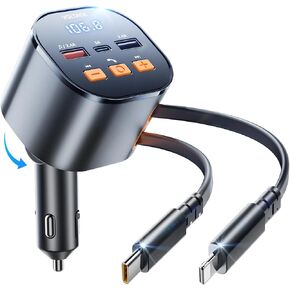 SUPERONE Bluetooth 5.3 Car Adapter with Retractable Charger PD 30W, FM Transmitter Radio Receiver, Handsfree Calling & Audio Receiver, MP3 Music Player, LED Display Hands-Free Calling Support USB