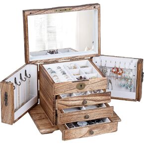Kendal Hardwood Large Wooden Jewelry Box for Women, Solid Wood Vintage Jewelry Organizer Box with Mirror, Lockable Jewelry Storage WJC03HT