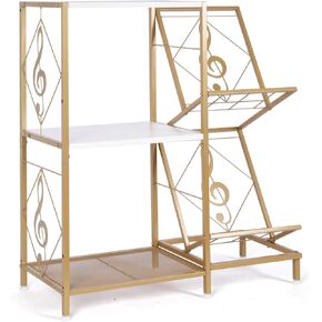 Record Player Stand, Record Player Table with Vinyl Record Storage, Turntable Stand with 2-Tier Vinyl Display Shelf & Metal Frame, Vinyl Record Holder for Living Room, Gold & White