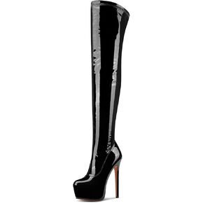 Aachcol Patent Leather Over The Knee Stiletto Boots Platform Thigh High Boots Round Toe Side Zipper Sexy Dress High Heel Boots 5.9 Inches Heels