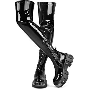 CouieCuies Black Thigh High Boots Platform Over The Knee High Boots For Women Lug Sole Comfortable Stretch Boots Mid Heels Half Zipper