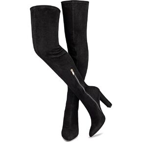 WSKEISP Women's Thigh High Boots Stretch Suede Over The Knee High Boots 4.13IN Chunky Heel Fall Winter Boots
