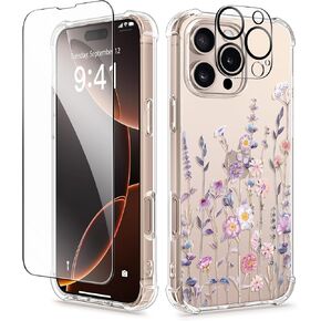 GVIEWIN Compatible with iPhone 16 Pro Case Floral, with Screen Protector&Camera Lens Protector [Not Yellowing] Slim Shockproof Protective Clear Flower Women Phone Cover 6.3'' (Floratopia/Colorful)