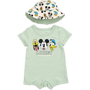 Disney Mickey Mouse Donald Duck Pluto Infant Baby Boys Romper and Hat Green 18 Months