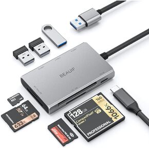 USB 3.0 SD Card Reader, Beauif USB 3.0 Hi-Speed OTG 8-in-1 Aluminum SD/Micro SD/CF/MS Card Reader with 3xUSB 3.0 and 1xUSB-C (DC-in 5V/1A), compatible with Android/Windows/Mac/Linux OS,etc.(MR-908HAP)