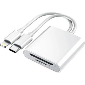 SD Card Reader for iPhone iPad, Dual Lightning & USB-C Connector Memory SD Card Adapter, Support SD/MicroSD Cards, High-Speed Trail Camera Viewer, Plug and Play