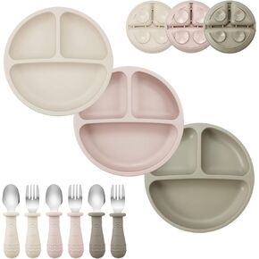 PandaEar 9 PCS Toddler Plates and Utensils Set, 3 Pack Suction Plates for Toddler with 3 Spoons 3 Forks, Silicone Baby Feeding Set, Toddler Dinnerware Eating Essentials