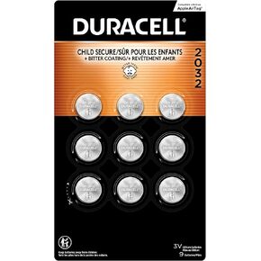 Duracell 2032 Lithium Battery. 9 Count Pack. Child Safety Features. Compatible with Apple AirTag, Key Fob, and other devices. CR2032 Lithium 3V Cell. 2032 Battery, Lithium Coin Battery