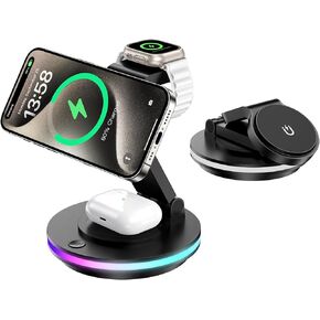 3 in 1 Mag-Safe Charger Stand, Magnetic Foldable Wireless Charging Station for Apple, Rotating&Light Adjust, Mag Charger Compatible with iPhone 16/15/14/13/12 Series, Apple Watch, AirPods (No Adapter)
