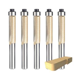 Trim Router Bits 1/4 Shank, 5Pcs Top Bearing Flush Trim Cut Router Bit Set, 2 Flutes 1/4 Cut Dia Tungsten Steel Trim Bits, Handy, Durable & Sharp for Home DIY and Professional Operation