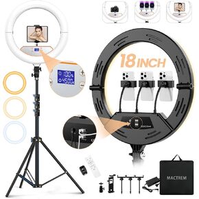 18" Foldable Ring Light with Stand for iPhone ipad, LED Display/2 USB Ports/4 Phone Tablet Holders, 2700-6500K Dimmable Ring Light for Tattoo Barber Makeup Studio Video Recording Photography