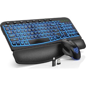 Ergonomic Wireless Keyboard and Mouse Combo - Wave Keyboard with Soft Leather Wrist Rest, RGB Backlit, Silent Rechargeable Set for PC, Laptop, Windows, Mac, Chromebook, SABLUTE