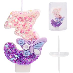 Birthday Number Candle One, Pink and Purple Butterfly 1st Birthday Candle with Sequins Cake Topper Decoration for Girls and Women Anniversary Celebrations Party Supplies (Number 1)