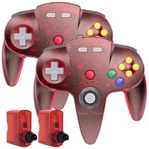 SAFFUN (2 Pack) 2.4 GHz Wireless N64 Controller, N64 Receiver, Compatible with N64 Console - (Rechargeable) (Plug and Play) (Built-in Rumble) Clear Red