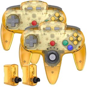 SAFFUN (2 Pack) 2.4 GHz Wireless N64 Controller, N64 Receiver, Compatible with N64 Console - (Rechargeable) (Plug and Play) (Built-in Rumble) Clear Yellow