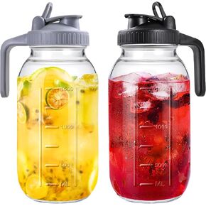 Mason Jar Pitcher, 32 OZ Glass Pitcher with Lid Double Leak-proof with Handle Water Jug Wide Mouth Breast Milk Pitcher Fridge Container for Water, Juice, Iced Coffee, Tea, Juice - Black in Saudi Arabia