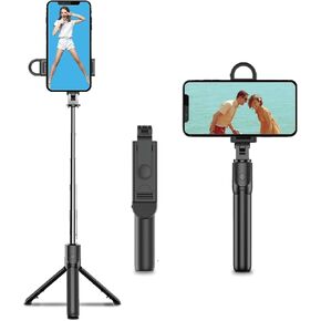 Phone Tripod & Selfie Stick, Extendable Cell Phone Tripod Stand with Wireless Remote, Mini Tripod Compatible with iPhone Android for Travel Group Selfie/Live Streaming/Video Recording (S05-S)