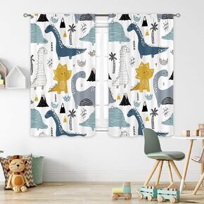 Cinbloo Dinosaur Curtains 42Wx45H Inch Rod Pocket Kids Cartoon Dino Baby Boys Art Printed Nursery Children Cute Navy Blue Safari Animal Living Room Bedroom Window Drapes Treatment Fabric 2 Panels
