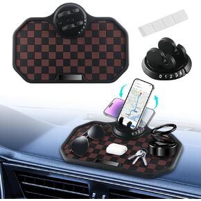 Car Anti Slip Mat Dashboard Tray Decorations Sticky Pad 4 in 1 Multi Functional with 360° Rotating Universal Phone Pad Holder+Number Plate, Washable Car Dash Mat(Black&Red)