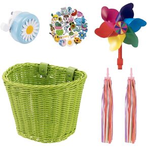 Kids Bike Basket, Bike Basket Front Bike Accessories for Girl Boys, Woven Bicycle Basket with Stickers, Bike Bell, Windmill, and 1pairs Colorful Ribbons Tassels