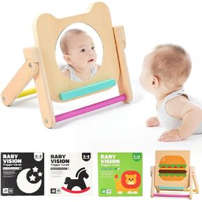 IEATFO Rotating Baby Safe Mirror with 120 Pages Visual Stimulation Cards - Wooden Tummy Time Mirror Toys - Black White Red and Color High Contrast Baby Flashcards for Brain and Cognitive Development