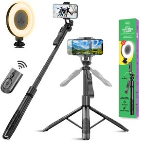 Phone Tripod Selfie Stick 62" 360º with 3W LED Light, Remote Phone Control, Universal Mount, Handheld Stabilization, Live Streaming and Video Recording Phone Stand for iPhone Android & Gopro