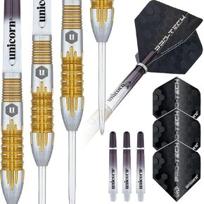 Unicorn Darts Set | Pro-Tech Style 4 | 90% Natural Tungsten Barrels with Golden Accents & Volute Points | Steel Tip | 24 g