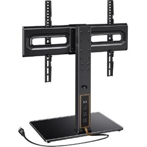 Perlegear Universal TV Stand with Power Outlet, Swivel TV Stand for 32-80 inch TVs up to 99 lbs, TV Stand with Tempered Glass Base, Height Adjustable Table Top TV Stand Max VESA 600x400mm PGTVS31