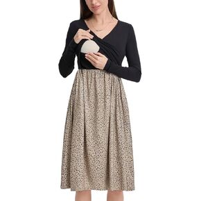 Liu & Qu Women's Maternity Nursing Dress Long Sleeve V-neck with Pockets Patchwork Pregnancy Dresses Breastfeeding Clothes