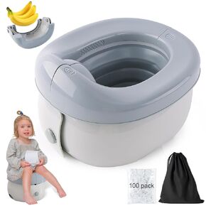 Travel Potty, Portable Potty Seat for Toddler Travel with Storage Bags Foldable Training Toilet Chair for Kids Boys Girls Car Potty for Camping Outdoor and Indoor, 100 Disposable Liners, Grey
