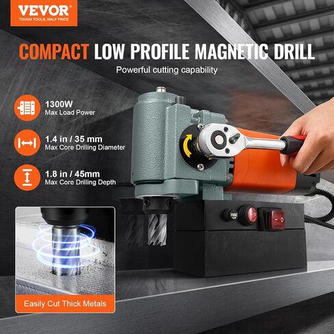 VEVOR Low Profile Mag Drill Press, 1300W 1.38" Boring Diameter, 2422lbf Power Magnetic Drill, 650 PRM, Electric Drilling Machine for Metal Surface, Industrial and Home Improvement in Saudi Arabia