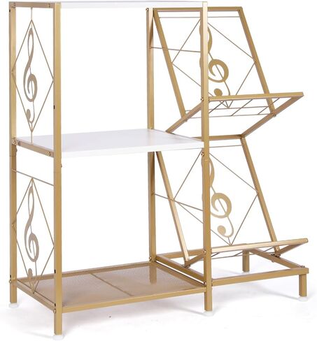 Record Player Stand, Record Player Table with Vinyl Record Storage, Turntable Stand with 2-Tier Vinyl Display Shelf & Metal Frame, Vinyl Record Holder for Living Room, Gold & White in Saudi Arabia