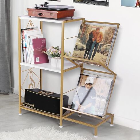 Record Player Stand, Record Player Table with Vinyl Record Storage, Turntable Stand with 2-Tier Vinyl Display Shelf & Metal Frame, Vinyl Record Holder for Living Room, Gold & White in Saudi Arabia