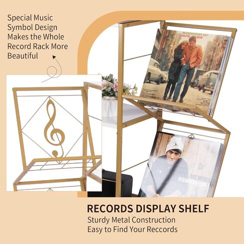 Record Player Stand, Record Player Table with Vinyl Record Storage, Turntable Stand with 2-Tier Vinyl Display Shelf & Metal Frame, Vinyl Record Holder for Living Room, Gold & White in Saudi Arabia
