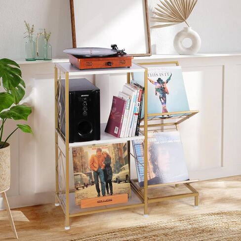 Record Player Stand, Record Player Table with Vinyl Record Storage, Turntable Stand with 2-Tier Vinyl Display Shelf & Metal Frame, Vinyl Record Holder for Living Room, Gold & White in Saudi Arabia