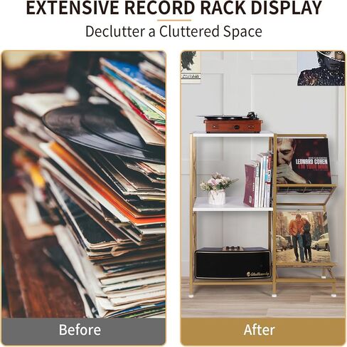 Record Player Stand, Record Player Table with Vinyl Record Storage, Turntable Stand with 2-Tier Vinyl Display Shelf & Metal Frame, Vinyl Record Holder for Living Room, Gold & White in Saudi Arabia