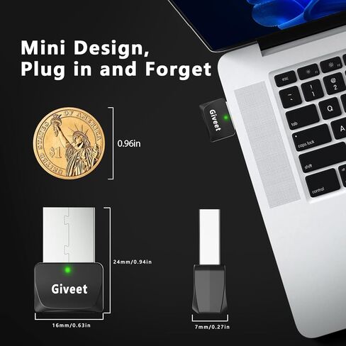 محول بلوتوث USB من Giveet للكمبيوتر الشخصي، جهاز إرسال صوت USB Bluetooth V5.4 للكمبيوتر المكتبي والكمبيوتر المحمول، التوصيل والتشغيل، يدعم MacOS Windows 11/10/8.1/8/7، زوج مع مكبر صوت سماعات بلوتوث in Kuwait
