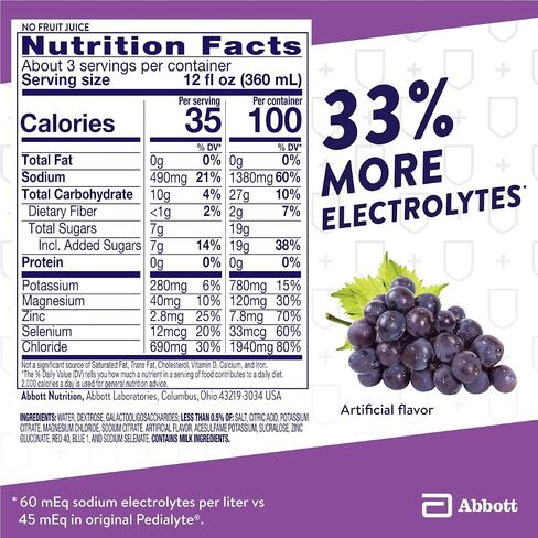 Pedialyte with Immune Support Electrolyte Solution, Grape, Hydration Drink with Zinc, Selenium, and Magnesium, 1 Liter, Pack of 4 in Kuwait