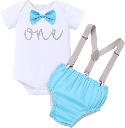 ODASDO Baby Boys First Birthday Cake Smash Outfit Toddlers Kids Bow Tie Romper Diaper Covers Shorts Suspenders Set in Saudi Arabia