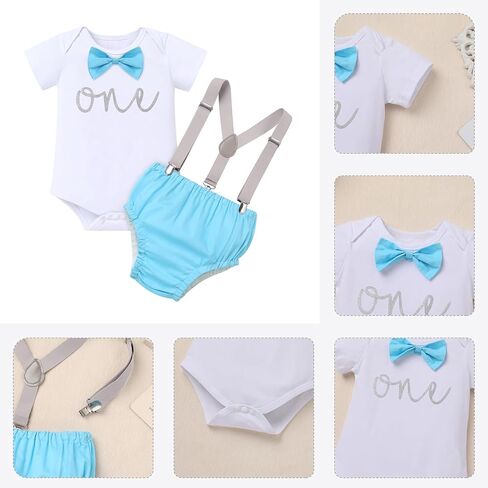 ODASDO Baby Boys First Birthday Cake Smash Outfit Toddlers Kids Bow Tie Romper Diaper Covers Shorts Suspenders Set in Saudi Arabia