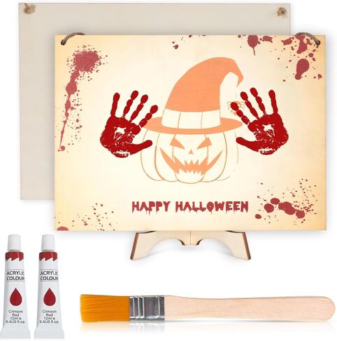 مجموعة الأعمال الفنية لبصمة اليد للهالوين، لوحة خشبية على شكل قرع اليد الأولى للهالوين، هدية للأطفال الصغار والآباء الجدد، هدية تذكارية للعائلة، ديكور الهالوين، علامة خشبية معلقة in Kuwait