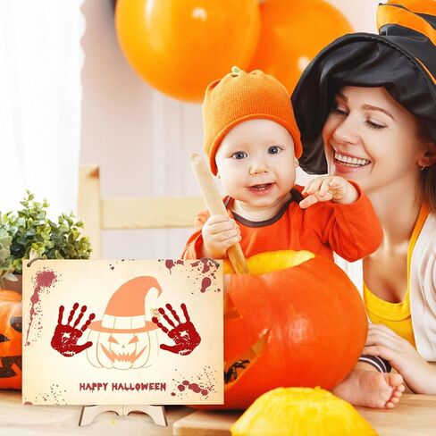 مجموعة الأعمال الفنية لبصمة اليد للهالوين، لوحة خشبية على شكل قرع اليد الأولى للهالوين، هدية للأطفال الصغار والآباء الجدد، هدية تذكارية للعائلة، ديكور الهالوين، علامة خشبية معلقة in Kuwait
