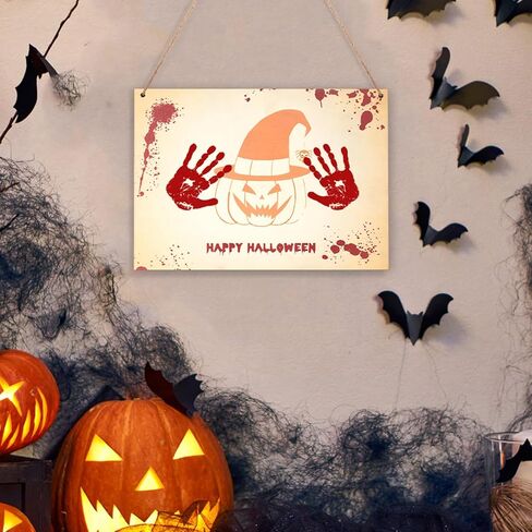 مجموعة الأعمال الفنية لبصمة اليد للهالوين، لوحة خشبية على شكل قرع اليد الأولى للهالوين، هدية للأطفال الصغار والآباء الجدد، هدية تذكارية للعائلة، ديكور الهالوين، علامة خشبية معلقة in Kuwait