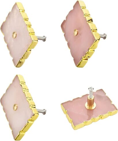 Set of 4 Rose Quartz Crystal Drawer Knobs Pink Square Decorative Drawer Pulls with Gold Plated Edge for Dresser Nursery Cupboard Cabinet in Saudi Arabia